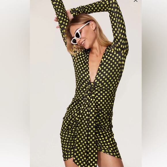 Le Superbe Elastica Black Yellow Neon Polka Jersey Mini Dress Cut Out Back XS - Picture 11 of 14